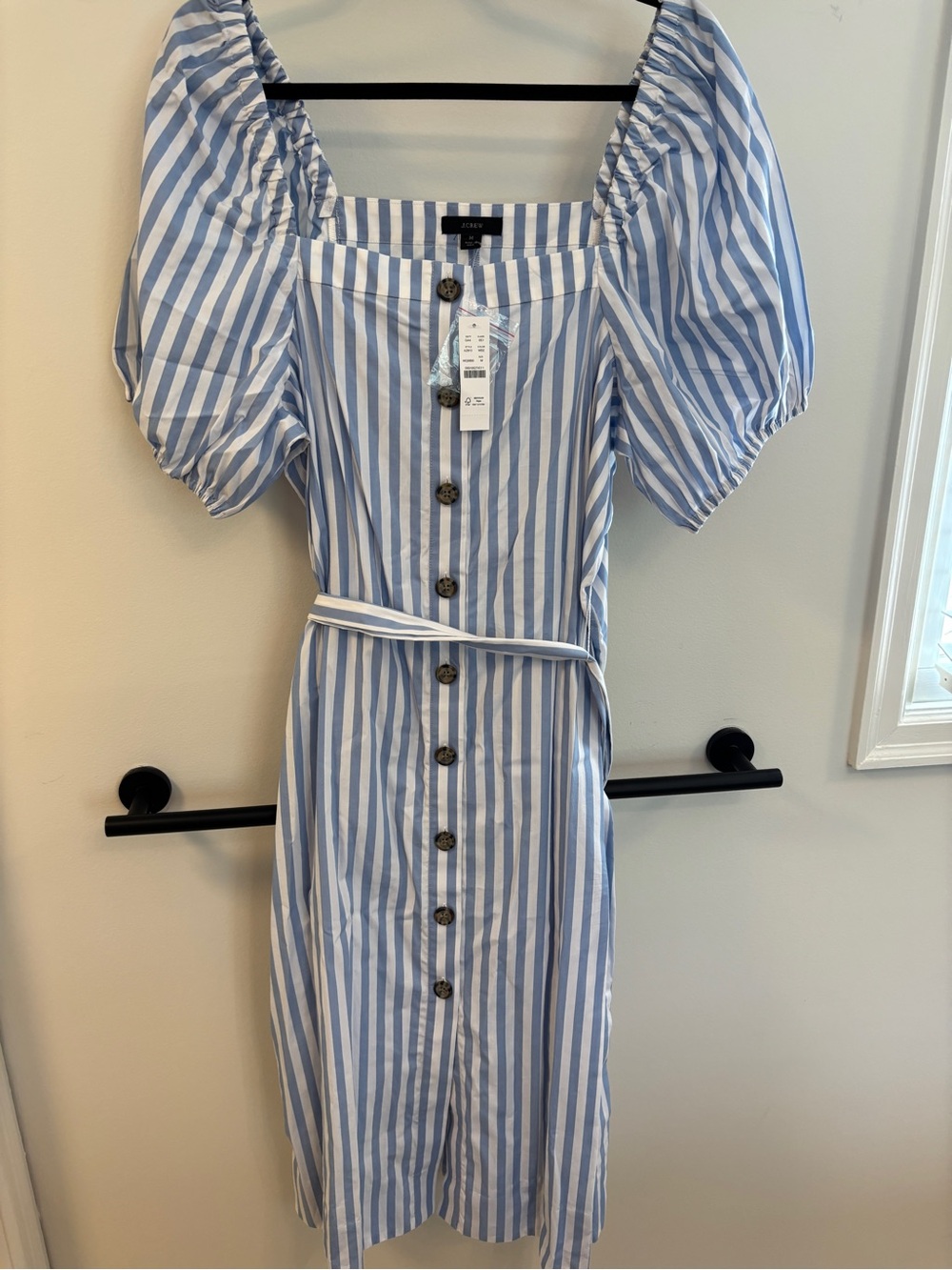 J. Crew NWT Blue and White Striped Puff-Sleeve Button-Front Midi Dress